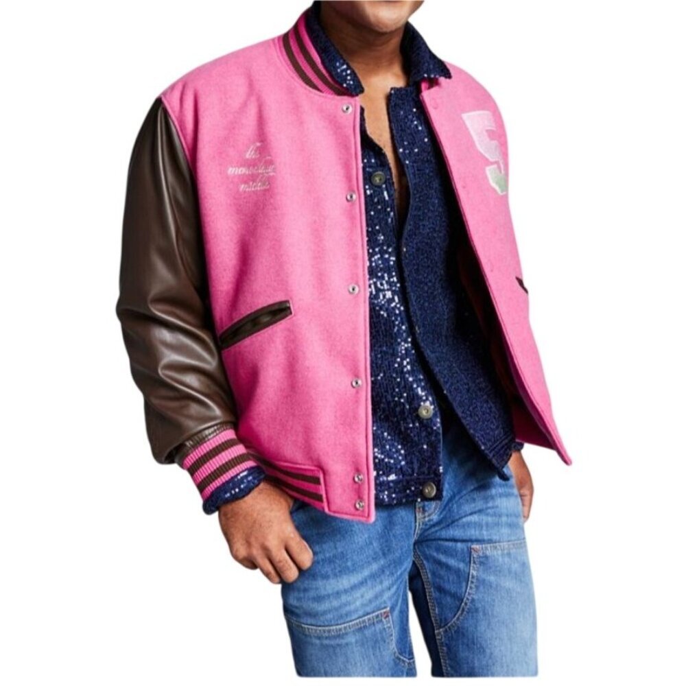 5:31 by JÉRÔME LAMAAR Men Color Block Varsity Bomber Jacket Pink Brown Size XXL